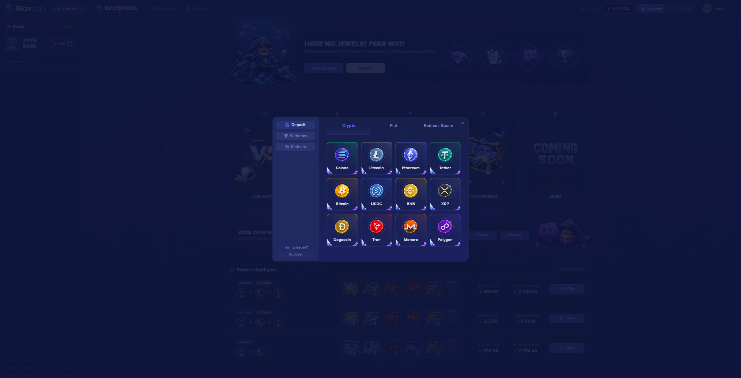 BloxSpin deposit modal with Crypto, Fiat, and Roblox / Steam tabs