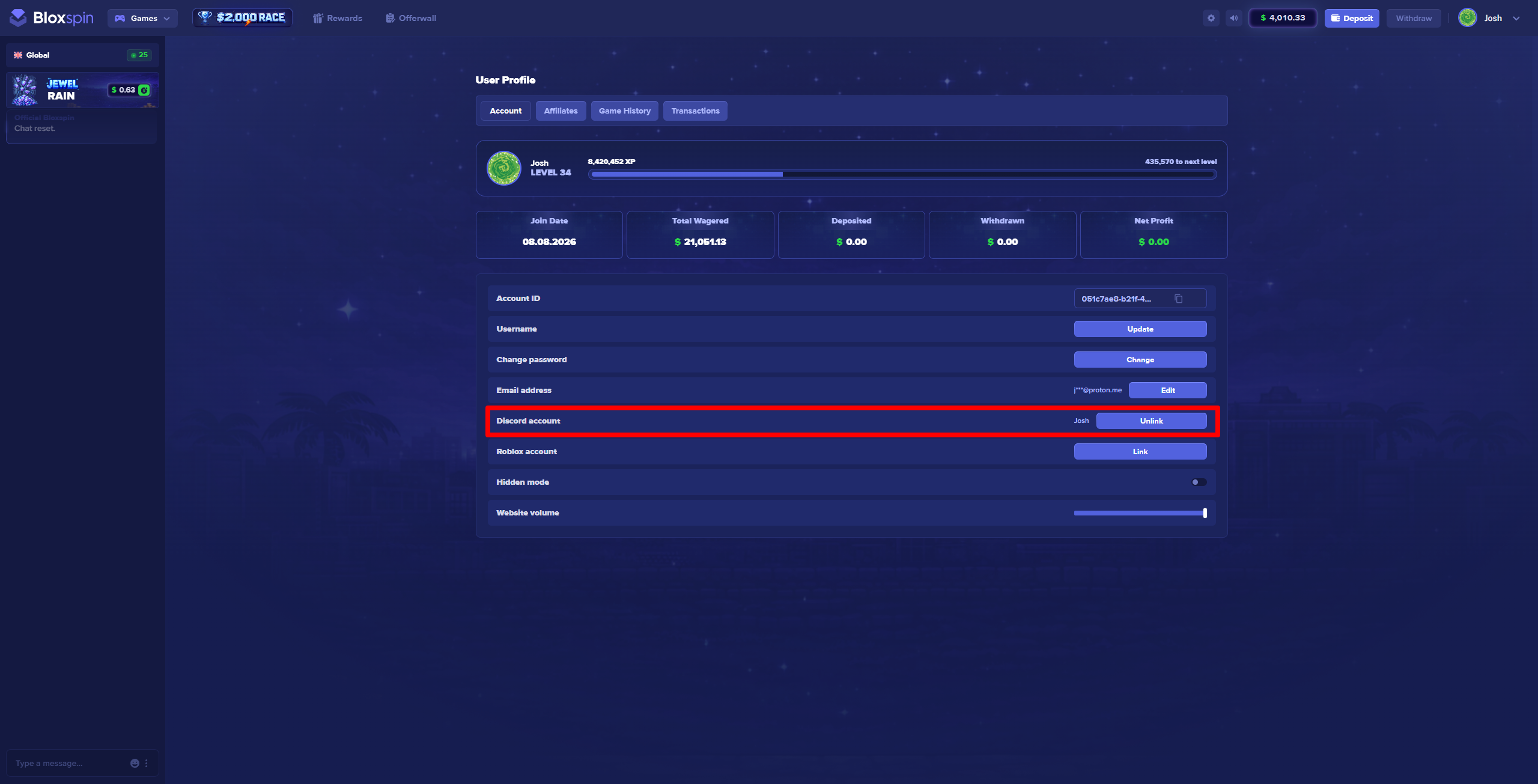 Discord account row in BloxSpin profile settings