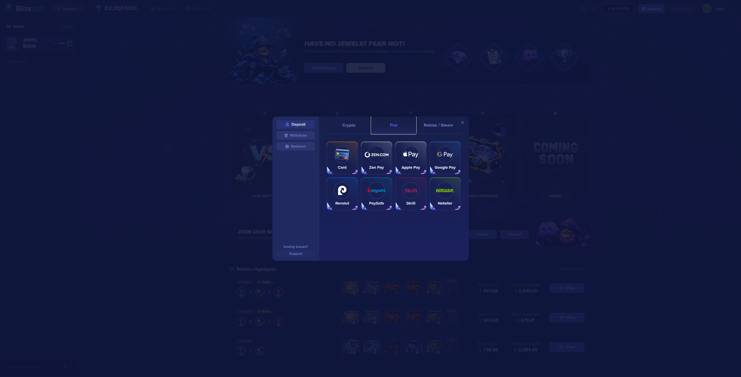 Fiat deposit methods in the BloxSpin cashier