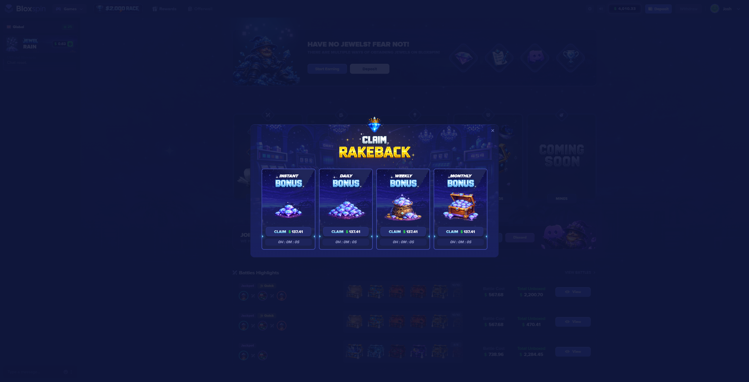 Rakeback panel on the BloxSpin rewards page