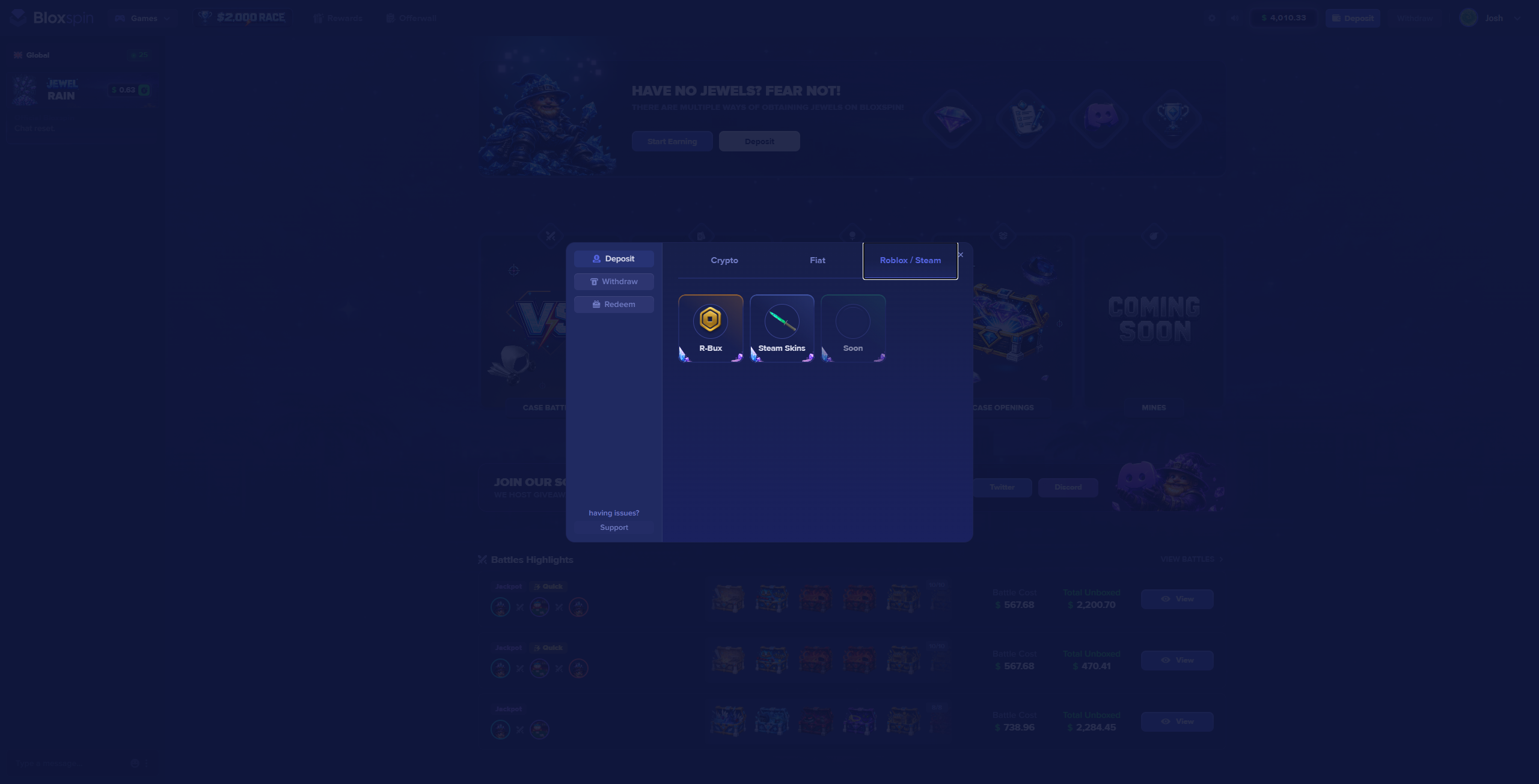 Robux deposit option under Roblox / Steam in the cashier